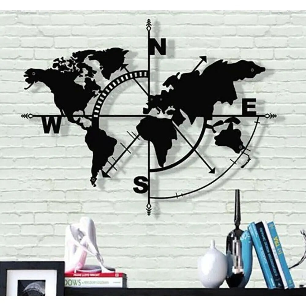 World Map Compass Wall Artwork Sign